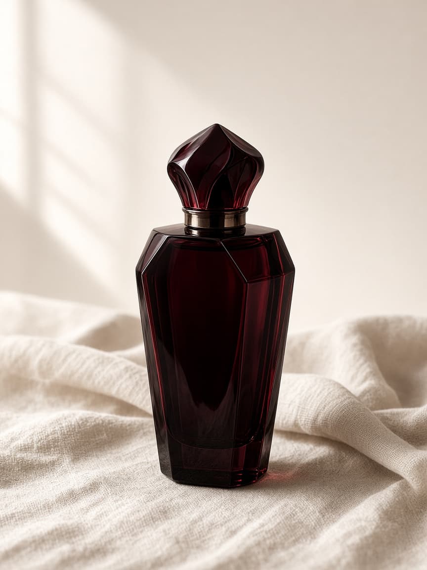 Original product photo of a fragrance bottle on linen