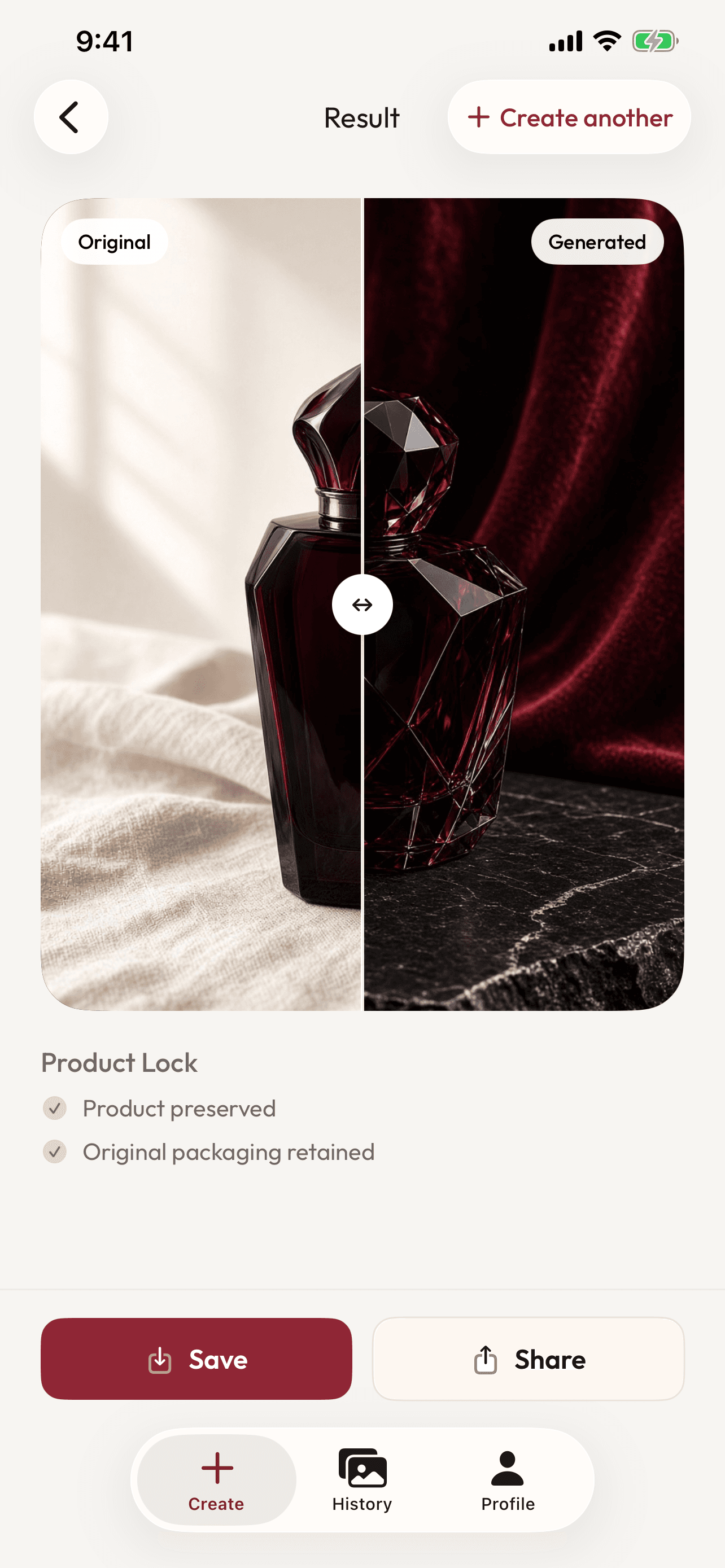 Clyvoro result screen with save and share actions
